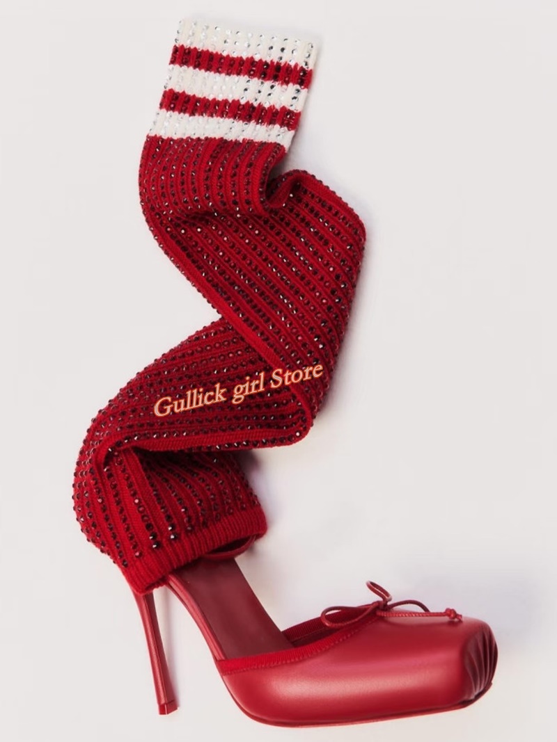 Red Knit Square Toe Boots Cut  - Knee High Sock Women recensione e prezzo