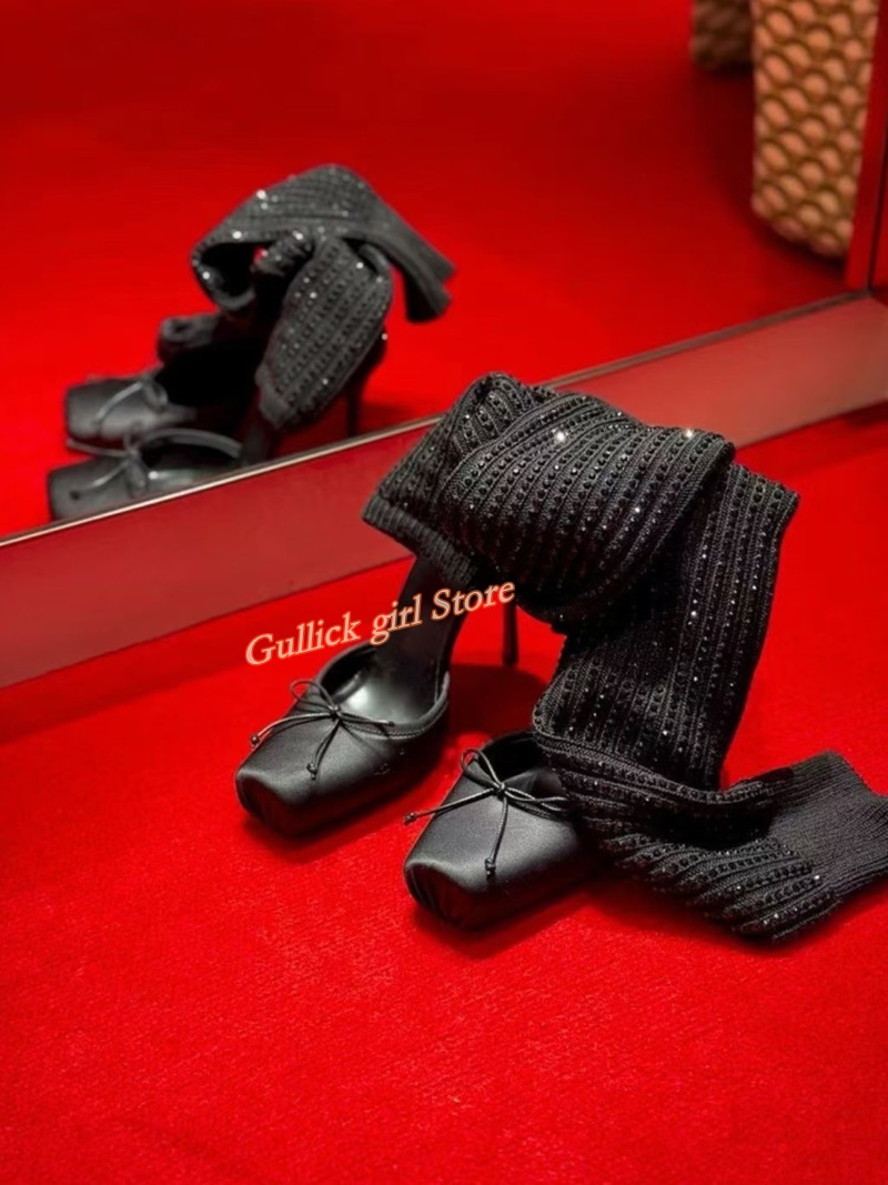 Red Knit Square Toe Boots Cut  - Knee High Sock Women recensione e prezzo